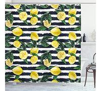 ABAKUHAUS Moderno Cortina de Baño, Limones Frescos de Rayas, Material Resistente al Agua Durable Estampa Digital, 175 x 200 cm, Hunter Verde Indigo