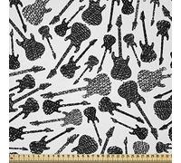 ABAKUHAUS Música Tela por Metro, Guitarra Eléctrica Grunge, Microfibra Decorativa para Artes y Manualidades, 1M (230x100cm), Negro Gris Blanco