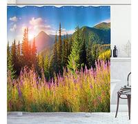 ABAKUHAUS Naturaleza Cortina de Baño, Flores de Primavera de montaña, Material Resistente al Agua Durable Estampa Digital, 175 x 200 cm, Rosa Verde