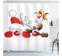 ABAKUHAUS Navidad Cortina de Baño, Divertida del Reno de Santa, Material Resistente al Agua Durable Estampa Digital, 175 x 200 cm, Bermellón Caramelo Blanco
