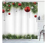 ABAKUHAUS Navidad Cortina de Baño, Las Bolas del árbol Adornos, Material Resistente al Agua Durable Estampa Digital, 175 x 240 cm, Verde Rojo