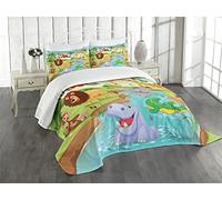 ABAKUHAUS Niños Cubrecama, Caricatura Safari Animales Africanos Nadan en el Lago Elefante León Jirafa Arte, Estampa Vívida y Durable, 170 x 220 cm, Multicolor