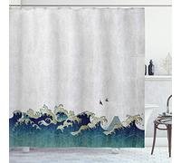 ABAKUHAUS Ola Japonesa Cortina de Baño, remolinos acuáticos, Material Resistente al Agua Durable Estampa Digital, 175 x 240 cm, Gris Azul Crema