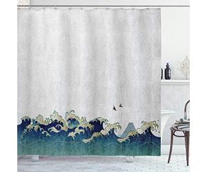 ABAKUHAUS Ola Japonesa Cortina de Baño, remolinos acuáticos, Material Resistente al Agua Durable Estampa Digital, 175 x 220 cm, Gris Azul Crema