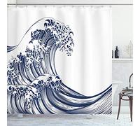 ABAKUHAUS Ola Japonesa Cortina de Baño, Vintage Oriental, Material Resistente al Agua Durable Estampa Digital, 175 x 200 cm, Azul Marino Y Blanco