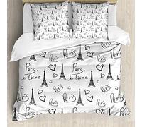 ABAKUHAUS París Funda Nórdica, Eiffel Doodle Je T'Aime, Decorativo, 3 Piezas con 2 Fundas de Almohada, 155 cm x 220 cm, Blanco Gris Oscuro
