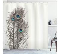 ABAKUHAUS Pavo Real Cortina de Baño, Plumas de pájaro exótico, Material Resistente al Agua Durable Estampa Digital, 175 x 200 cm, Topo Blanco y Azul