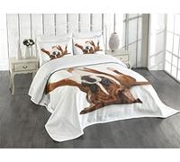 ABAKUHAUS Perro del Boxeador Cubrecama, Alegre Divertida Imagen Perrito, Suave Tela de Poliéster Lavable Colores Nítidos Que No Destiñen, 264 x 220 cm, Caramelo Pálido Marrón Oscuro Blanquecino