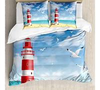 ABAKUHAUS Playa Ensemble de Housse de Couette, Faro de Las gaviotas del océano, Estampado Lavable, 3 Piezas con 2 Fundas de Almohada, 200 cm x 200 cm - 80 x 80 cm, bermellón Azul