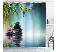 ABAKUHAUS SPA Cortina de Baño, Hibisco de bambú en Agua, Material Resistente al Agua Durable Estampa Digital, 175 x 220 cm, Azul Petróleo Verde Lima
