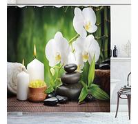 ABAKUHAUS SPA Cortina de Baño, Piedras y orquídeas, Material Resistente al Agua Durable Estampa Digital, 175 x 180 cm, Verde Blanco y Negro