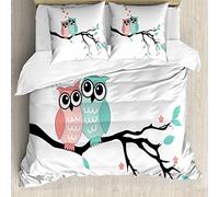 ABAKUHAUS Trullo y Negro Ensemble de Housse de Couette, Pareja búho, Estampado Lavable, 3 Piezas con 2 Fundas de Almohada, 200 cm x 200 cm - 80 x 80 cm, Turquesa Coral Negro