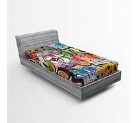 ABAKUHAUS Urban Graffiti Sábana Elastizada, Palabras Clave de Gran éxito, Ropa de Cama de Tela Decorativa Suave Alrededor de una Banda elástica elástica, 90 x 200 cm, Naranja Verde