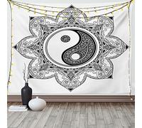 ABAKUHAUS Zen Tapiz de Pared y Cubrecama Suave, Mehndi Mandala Floral Art, Lavable Colores Firmes, 150 x 110 cm, Blanco Negro