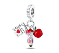 Abalorio colgante tres en uno de plata de ley 925 con el mejor libro de profesores, lápiz y manzana, para pulseras Pandora, abalorios, collar, esmaltado, en caja de regalo, Plata de ley Zirconia