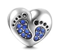 Abalorio con huella de pie, plata de ley 925, forma de corazón, colgante de bebé, colgante de cumpleaños, colgante con piedra de nacimiento, corazón, dije para pulsera Pandora, 11.3 x 9.2 mm, Plata de