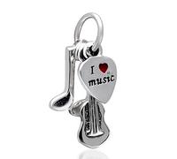 Abalorio de guitarra de plata de ley 925 con texto en inglés "I Love Music" para pulsera Pandora