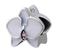 Abalorio de orquídea de plata de ley 925 con diseño de flor de aniversario, con forma de corazón, para pulsera Pandora (blanco)