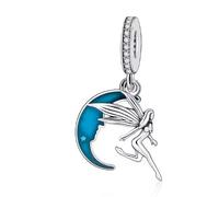 Abalorio de plata 925 con diseño de hada mágica y luna azul, compatible con abalorios Pandora, Trollbeads, Chamilia, Biagi y muchas otras pulseras del Reino Unido., S, Metal, No es una piedra preciosa