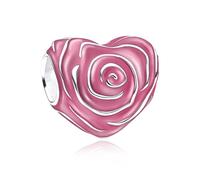 Abalorio de plata 925 con forma de corazón de rosa rosa compatible con abalorios Pandora, Trollbeads, Chamilia, Biagi y muchas otras pulseras del Reino Unido.