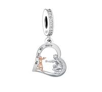 Abalorio de plata de ley 925 con diseño de corazón "My Hero" para padre, hijo, abuelo, compatible con pulseras Pandora Charm Moments, 1 cm x 1 cm x 0.3 cm, Metal