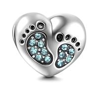 Abalorio de plata de ley 925 con diseño de corazón y pie de bebé, dije de cumpleaños, piedra de nacimiento, dije de aniversario para pulsera Pandora (verde claro)