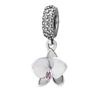 Abalorio de plata de ley 925 con diseño de orquídea y flor de aniversario, para pulsera Pandora (blanco)