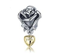 Abalorio de plata de ley 925 con diseño de rosa para pulsera Pandora, abalorio de amor para pulseras estilo Pandora, cuentas de cristal de Murano para mujer (colgante de amor de rosa), Glass