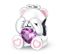 Abalorio de plata de ley 925 con diseño romántico de oso de peluche, circonita cúbica, para pulseras Pandora o collar para graduación, San Valentín, Navidad, talla única, Plata de ley Zirconia cúbica