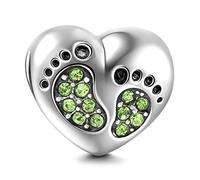 Abalorio de plata de ley 925 con forma de corazón y pie de bebé, dije de cumpleaños con piedra de nacimiento, dije de aniversario para pulsera Pandora (verde oliva)