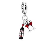 Abalorio de plata de ley 925 para amantes del vino y la cerveza, esmalte de circonita cúbica, para pulseras o collares Pandora para vacaciones, San Valentín, Navidad, en caja de regalo, talla única