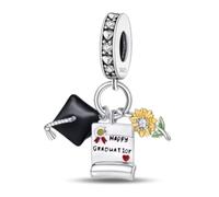 Abalorio de plata de ley 925 para celebración de diploma de graduación, esmalte de circonita cúbica, para pulseras o collares Pandora para graduación, San Valentín, Navidad, talla única, Plata de ley