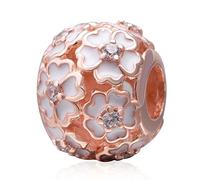 Abalorio de plata de ley con diseño de flor de rosa, amor, aniversario, San Valentín y cumpleaños para pulsera Pandora, 9.6*11.8mm, Plata de ley Oro rosa Plata Poliéster, sin piedra