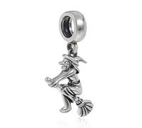 Abalorio mágico de bruja de plata de ley 925 para pulsera Pandora, diseño de escoba y luna, Plata de ley, Sin piedra
