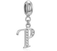 Abalorios de Plata de Ley 925 Genuina con Letras Iniciales A-Z Colgantes del Alfabeto con Cristal que se Ajustan a Pulseras Europeas y Collares (Letra P)