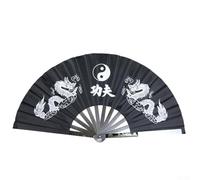Abanico chino de lucha para práctica de artes marciales Wushu Tai Chi de acero inoxidable con cinta de seda y diseño de dragón (negro)