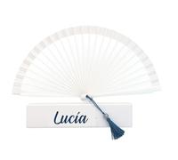 Abanico con Caja Personalizada 40 cm, Borla de Color, Regalo Original para Mujeres, Comunión, Boda, Madre, Madrina, Novia (Blanco)