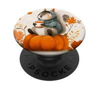 Abanico de Ardilla otoñal con suéter para Calabaza y Hojas de otoño PopSockets PopGrip Adhesivo