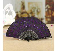 Abanico de encaje negro con flores de seda, plegable, para bodas, fiestas, bailes, abanicos chinos de pedestal (morado, talla única)