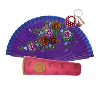 Abanico de Madera con Flores Pintadas a Mano. Incluye una Funda Artesanal Hecha en España para Proteger el Abanico. Llavero Incluido con Diseño de Tradiciones Españolas (Morado 3016)
