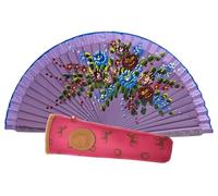Abanico de Madera con Flores Pintadas a Mano. Incluye una Funda Artesanal Hecha en España para Proteger el Abanico. Imán de Regalo con Dibujo de Costumbres Españolas (Violeta 7256)