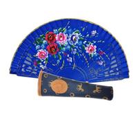 Abanico de Madera con Flores Pintadas a Mano. Incluye una Funda Artesanal Hecha en España para Proteger el Abanico. Imán de Regalo con Dibujo de Costumbres Españolas (Noche Azul)