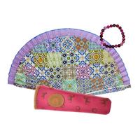 Abanico de Madera con Precioso Estampado Geométrico. Incluye una Funda para Proteger el Abanico. Pulsera de Regalo con Diseño Original. (Patchwork Floral)