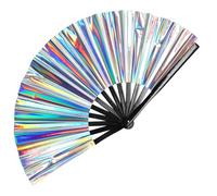 Abanico de mano grande Clack para rave, holográfico, plegable, para baile, manualidades, rave, accesorios para festivales, trajes de arco iris, fiesta, club (plateado láser)