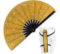 Abanico de mano plegable con purpurina con funda, grande de 35 x 65 cm, ventilador de fiesta brillante para Raves, festivales, clubes, eventos EDM, accesorio de refrigeración portátil ligero para