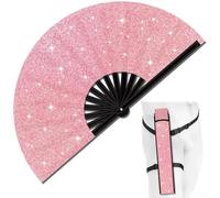Abanico de mano plegable con purpurina con funda, grande de 35 x 65 cm, ventilador de fiesta brillante para Raves, festivales, clubes, eventos EDM, accesorio de refrigeración portátil ligero para