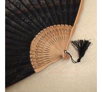 Abanico de mano plegable de encaje para mujer, elegante decoración floral de lino y algodón, decoración de boda, accesorio compacto para fiesta de baile para mujeres, negro (rojo)