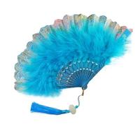 abanico de plumas, Abanico de mano plumas marabú avestruz, abanico plegable, abanicos Vintage, borlas encaje, regalo artesanal(Blue1)