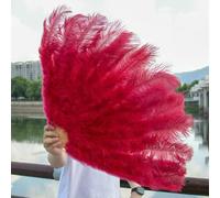 Abanico de plumas de avestruz natural B de 130 cm, abanico plegable grande de mano con 13 varillas para danza, para decoración de escenarios, fiestas y espectáculos, color rojo vino, 130 cm, 1 unida