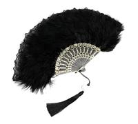 Abanico de plumas de verano retro vintage de encaje plegable con borlas portátil de mano para decoración, danza, actuación, fiesta, disfraz, color negro